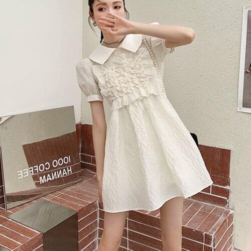 French Vintage bubble Short Sleeve Dress Womens Summer 2021 New High-Waist A-Line Sweet Doll Collar Princess Dress