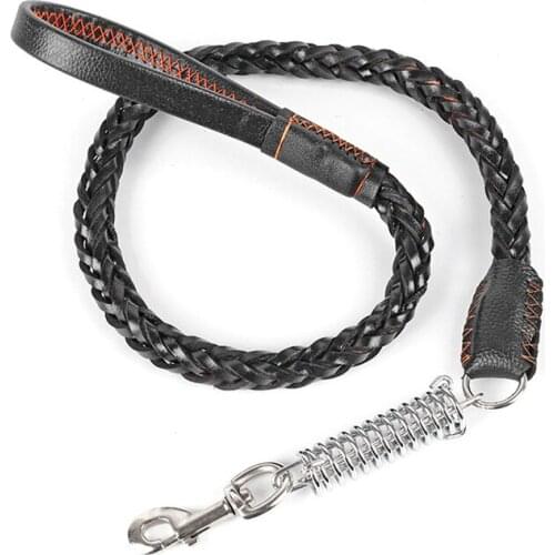 120cm Genuine Leather Large Dog Leash With Spring Buffer Black Braidded Strong Pet Outdoor Walking Lead Belt