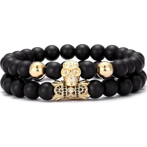 2 piece set / retro fashion CZ skull bracelet charm black matte mens stone pearl bracelet yoga elastic bracelet jewelry gift
