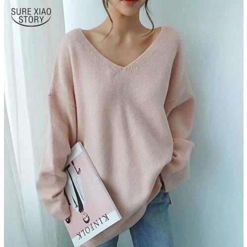 2021 Winter Simple Knitwear Long Sleeve Women Pulovers Autumn Elegant V-neck Oversize Sweater Knitted Top Womens Sweater 16038