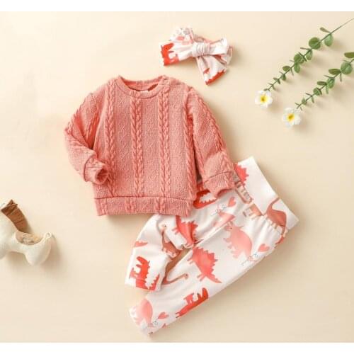 3Pcs Kids Autumn Winter Tracksuit Set Round-Neck Long Sleeves Knit Pink Sweater Dinosaur Print Pants Hairband for Girls