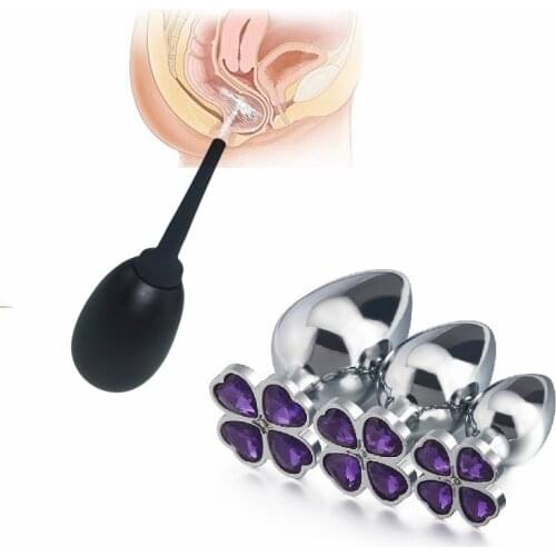 New metal four leaf cover jewelry anal butt plug beads with Douche 250ml capacity Cleaning head enema system insert gay sex toy