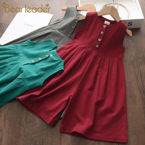 Bear Leader Kids Girls Jumpsuits 2021 New Fashion Girl Baby Casual Bodysuits Children Solid Costumes Sleeveless Clothing 3-7Y