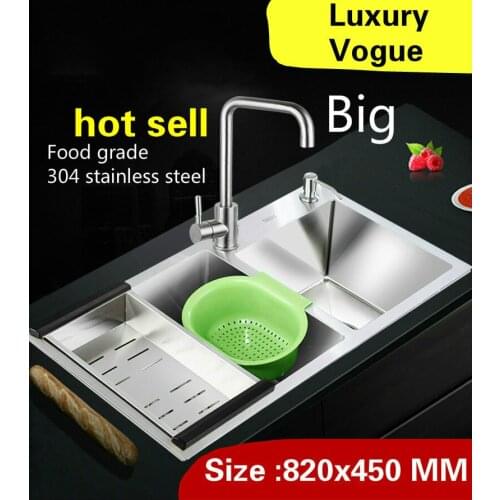 Free shipping Kitchen manual sink double groove high capacity wash vegetables wogue standard 304 stainless steel 820x450 MM