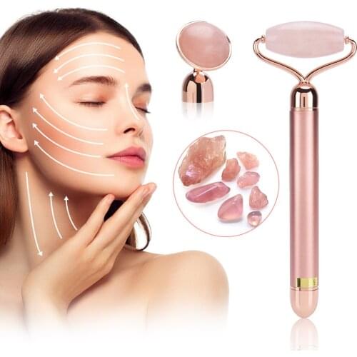 2 Heads Electric Jade Roller Vibrating Facial Lifting Natural Rose Quartz Massage Crystal Stone Slimming Tool Machine With Box