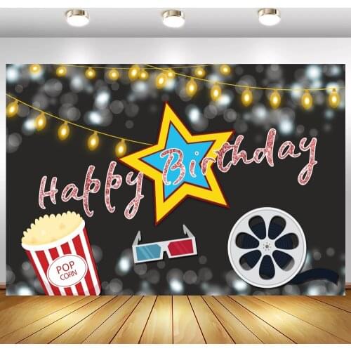Movie Star Show Hollywood Theme Background Photo Gold Star Lights Bokeh Popcorn Night Party Backdrop Photography Kids Birthday
