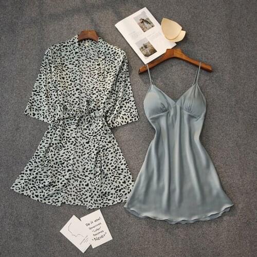 Sexy Printed Leopard Kimono Bathrobe Gown Summer Women Sleepwear Wedding Robe Set Loose Casual Nightgown Silky Home Clothes
