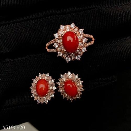 KJJEAXCMY boutique jewels 925 sterling silver inlaid natural red coral gemstone female ring earrings set support detection new e