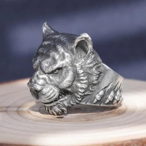 Solid 999 Sterling Silver Thai retro biker MENS men handmade tiger king ring rings jewelry gift A4771