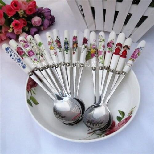 Korean tableware Bone China stainless steel spoon 21cm large spoon creative lovely ceramic long handle spoon