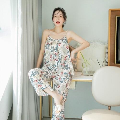 Summer Print Pajama Set With Straps For Womens Two-Piece Pajama Set Sleeveless Nightwear With Long Pants