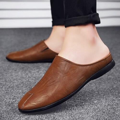 Half Shoes For Men Leather Casual Flats Italian Leisure High Quality Summer Slip On Flats Breathable Slippers Handmade Footwear