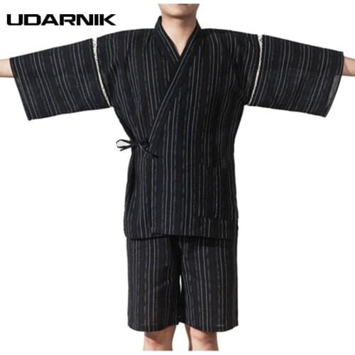 Men Japan Style Pyjama Sets Yukata Kimono Nightwear Half Sleeve V-neck Tops Shorts Striped Sleepwear Pajama Homme 226-117