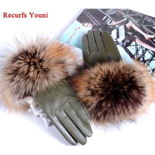 RYG2104 Branded New Woman Genuine Leather Raccoon Fur Gloves Female European Thin Lining Black/Dark Red/Arm Green Driving Luvas