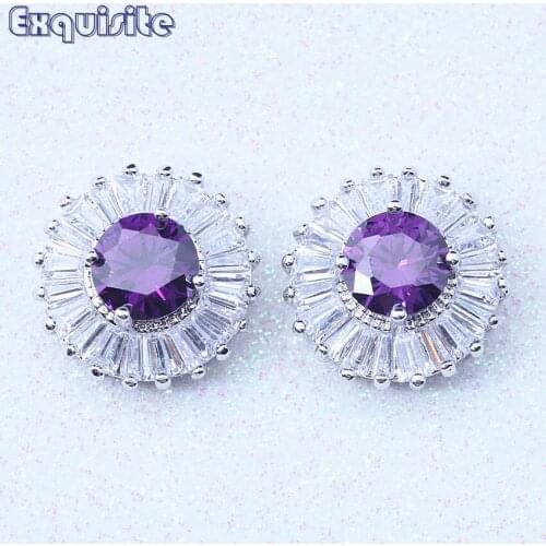 New Design Purple Crystal & Cubic Zirconia Stud Earrings Silver Color for Women Party brinco Fashion Jewelry H0024