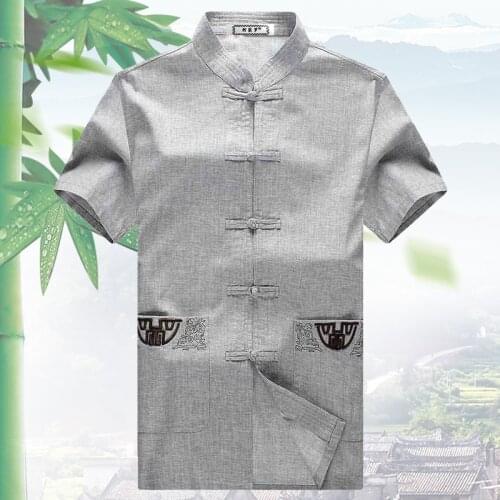 Traditional Chinese Clothing Short Sleeve Cotton Linen tops for men Kung Fu Shirt Vintage Tang Suit Tops