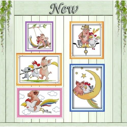 Three good friends animals pig mouse painting counted print on canvas DMC 11CT 14CT Cross Stitch kits embroidery needlework Sets
