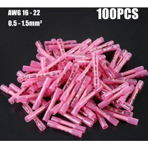 100PCS Waterproof Heat Shrink Butt Connectors Insulated Seal Standard Crimp Terminals Electrical Splice Connector 22-16AWG Red
