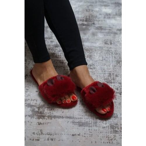 Winter Women Plush House Slippers With Ears Faux Fur Fashion Warm Shoes Woman Slip on Flats Female Flip Flops Black cherry Pink