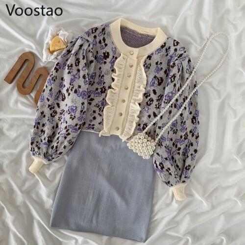 Autumn Winter Korean Vintage Elegant 2 Piece Sets Women Sweet Chic Ruffles Loose Knitted Sweater Cardigan High Waist Skirts Suit