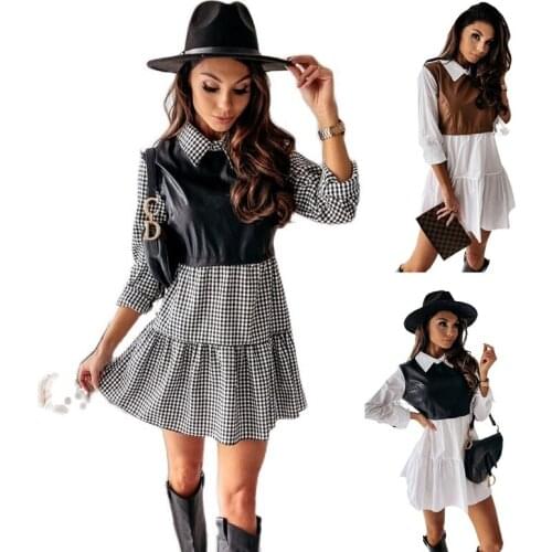 2021 New Fashion Woman Fall Autumn Dress Long Sleeve Turn Down Collar Patchwork A-line Dresses Clothes
