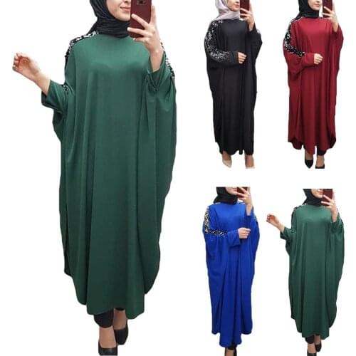 Muslim Women Batwing Sleeve Abaya Maxi Dress Robes Sequins Caftan Islamic Dubai Loose Kaftan Jilbba Gown Plus Size Farasha Dress