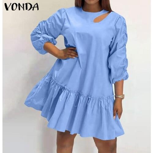 Mini Dress VONDA Summer Puff Sleeve 3/4 Sleeve Ruffled Hem Pleated Dresses Bohemian Vestidos Casual Solid O Neck Beach Sundress