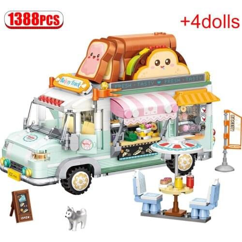 1388pcs City Street View Mini Bread Toast Car Building Blocks Friends Food Beverage Dining Cart Bricks Toys For Children Gifts