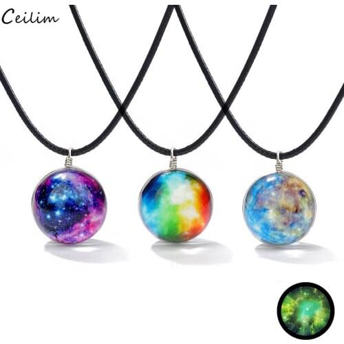 2021 Luminous Universe Galaxy Planet Glass Ball Pendant Necklace Glow In The Dark Black Leather Chain Necklace Fashion Jewelry