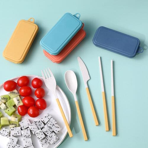 4pcs/set Portable Wheat Straw Fork Cutlery Set Foldable Chopsticks Cutlery Set With Box Picnic Camping Travel Tableware Set U3