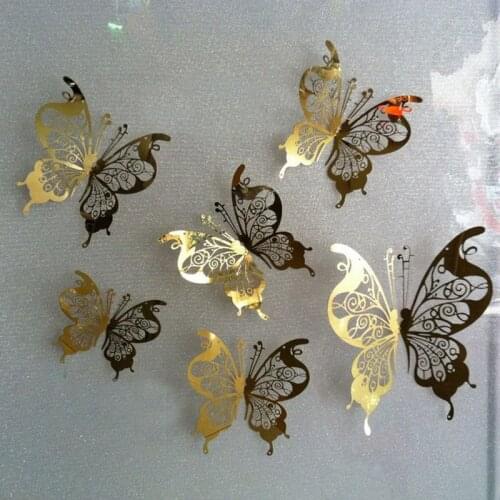 Free Shipping 8 X Gold 3D Butterfly Wall Decor Art Mirror Wall Sticker Stainless Butterfly Art Home Party Deco Supply