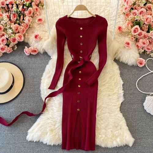 YornMona Elegant Office Style Split Bodycon Dress 2021 Autumn Winter Long Sleeve Knitted Sweater Dress with Belt Women Clothing