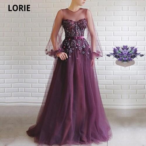 LORIE Eightale Purple Evening Dresses 2020 Dubai Arabic O-Neck Appliques A-Line Full Sleeves Prom Gowns Tulle Formal Party Dress