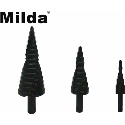 Milda 4-32MM HSS Cobalt Step Drills Nitrogen High Speed Steel Spiral for Metal Cone Drill Bit Set Triangle Shank Hole Cutter