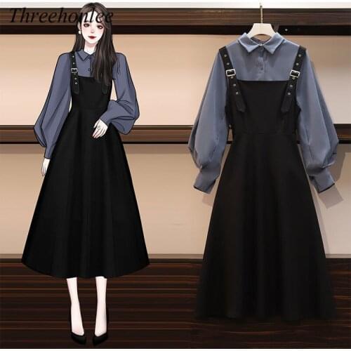 Korean Women Two Piece Dress Sets Autumn 2021 Solid Fashion Shirt And And Sling Dress Chic Elegant Loose Office Lady Suits