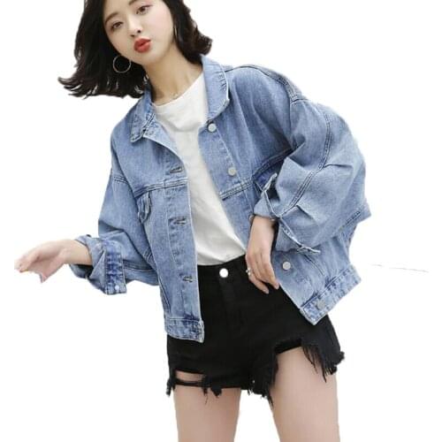 Blue Jean Jacket Coat Women Spring Autumn Korean Loose Batwing Sleeve Cropped Jacket Female Fashion Single Breasted Denim Coats