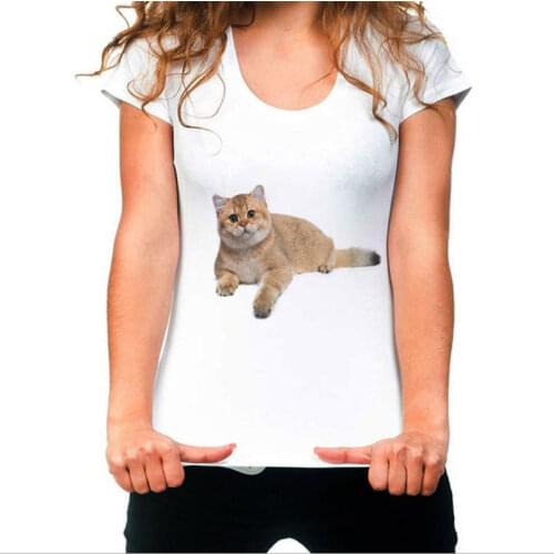 Summer cute cat womens T-shirt womens printed pattern T-shirt fashion round neck T-shirt womens clothing, short-sleeved T