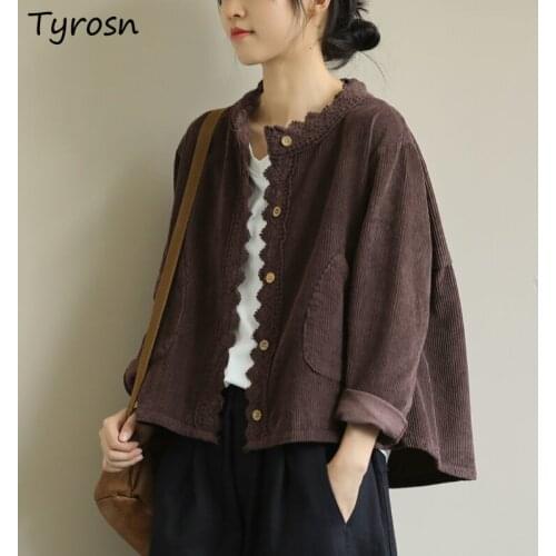 Solid Jackets Women Corduroy Lace Retro Stylish Coats Simple Sweet Elegant Casual Loose O-neck Single Breasted Temperament M-3XL