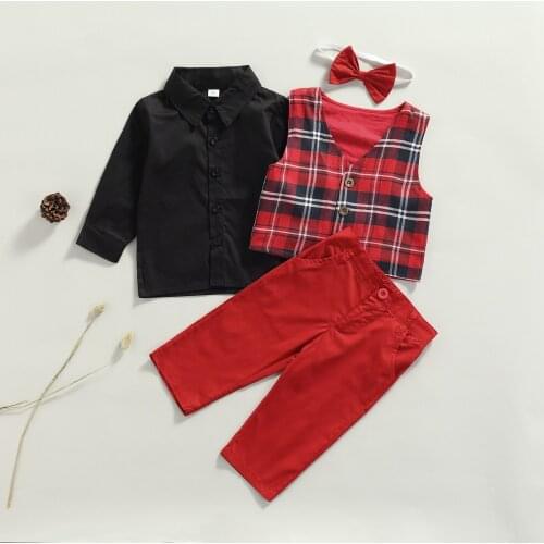 4Pcs Infant Boys Gentleman Outfit Autumn Red Plaid Vest + Solid Color Long Sleeve Lapel Shirt + Bow Tie + Long Pants Set 6M-3T