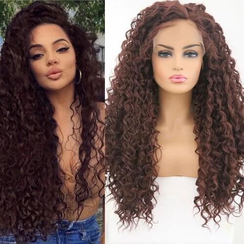 QUINLUX WIGS High Temperature Heat Fiber Brown Curly Wig Synthetic Lace Front Wigs For Black Women Cosplay Half Hand Tied Daily