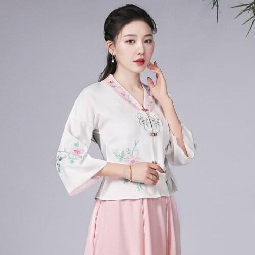 Retro Ethnic Embroidery Chinese WomenS Blouse Shirt 2021 Fashion Spring And Summer New Ethnic Style Hanfu Cheongsam Top 31000