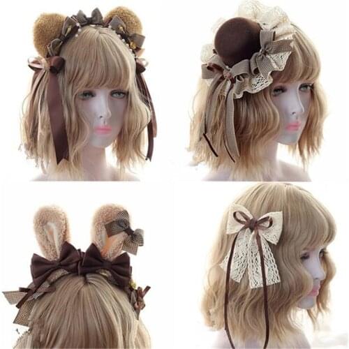 Retro Lolita Bear Rabbit Ear Headband KC Hairpin Band Bear Tiramisu Hair Accessories Lace Bow Hair band Side clip B913