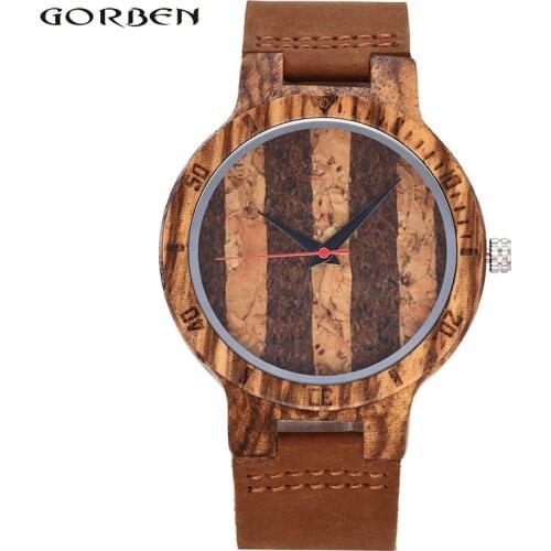 Luxury Brand Wooden Watch for Men Women Stripe Dial Unique Design Quartz Leather Band Wrist Watches Best Gifts