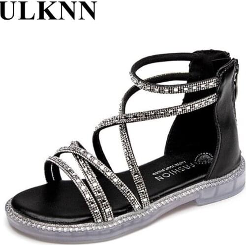 ULKNN Fashion Princess Shoes Kids Zipper Girls Sandals Soft Bottom Rhinestone High-top Shoes Party Students Outdoor 2021 Summer
