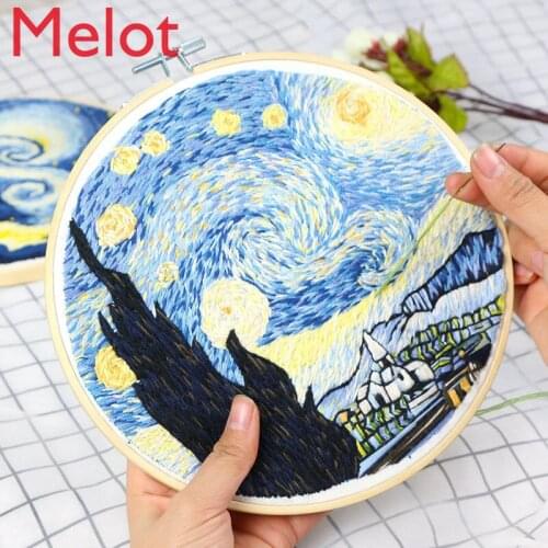Embroidery Van Gogh Starry Sky Beginner Embroidery Handmade Embroidery Material Kit Embroidery Poke Embroidery Self-Embroidery