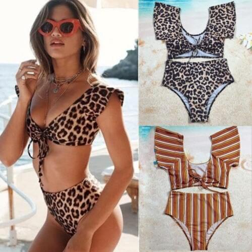 Women Leopard Stripes Two-piece Swimsuit Laides Bikini Set Beach Swimsuit Bathing Suit Swimwear Beachwear