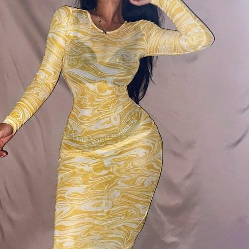 OMSJ Abstract Water Ripple Print Trendy Round Collar Mesh Sheer Tight-fitting Midi Dress Women Sheath Dress 2021 Club Party Wear