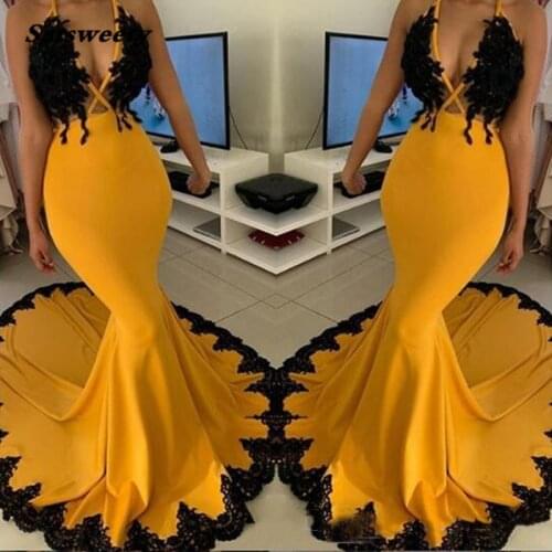 Yellow Mermaid V Neck Prom Dress long vestidos de dama de honor Evening Dresses Simple Designs Party Prom Dresses Lace Applique