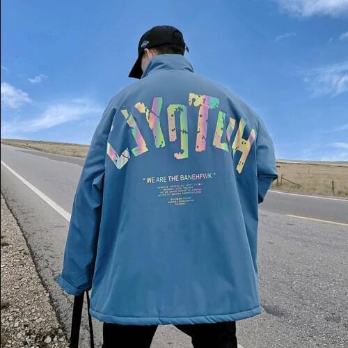 Winter Mens Stand Collar Reflective letters Loose Casual Thick Warm Parkas Coat Blue Black Size M-5XL M29