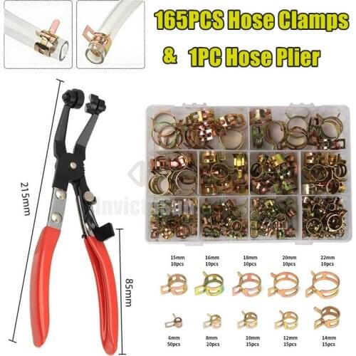 165 PCS Zinc Plated 6-22mm Spring Hose Clamps + 1PC Hose Plier for Band Clamp Metal Fastener Assortment Kit